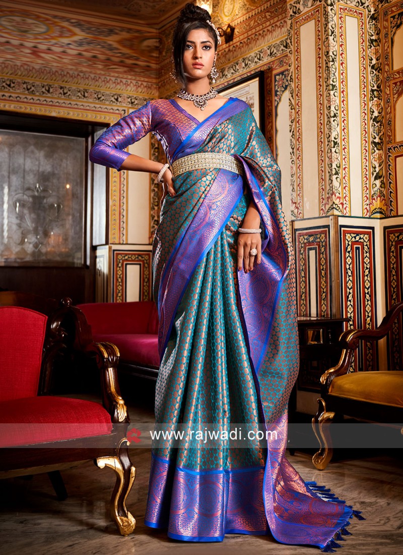 Shop Turquoise Blue Kanchipuram Pattu Silk Bridal Sarees Online