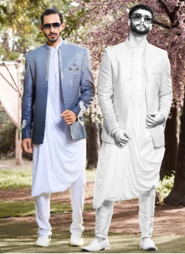 White Cowl Style Indowestern Set With Blue Designer Jacket