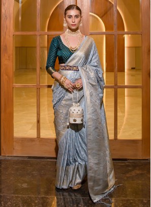 Carolina Blue Zari Weaving Satin Silk Saree