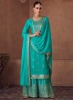 Teal Blue Chinon Sequins Readymade Salwar Suit