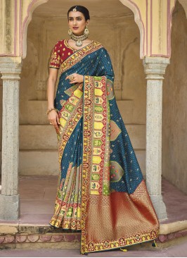 Designer Blue Bandhani Printed Silk Saree