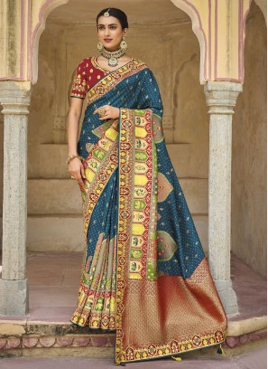 Designer Blue Bandhani Printed Silk Saree