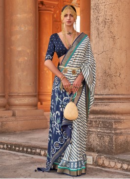 Blue & Off White Patola Printed Silk Saree