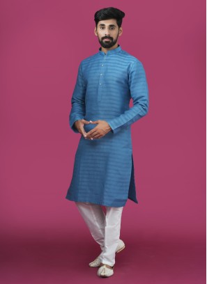 Blue Cotton Silk Kurta Pajama For Men