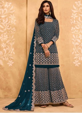 Blue Embroidered Faux Georgette Designer Pakistani Salwar Suit