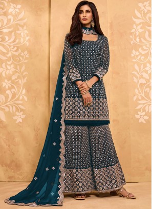 Blue Embroidered Faux Georgette Designer Pakistani Salwar Suit