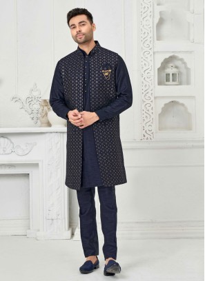 Blue Embroidered Jacket Style Indowestern Set