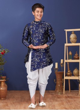 Blue Jacquard Silk Dhoti Style Indowestern Set