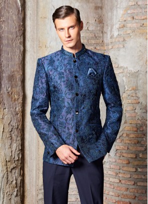 Blue Jacquard Silk Embroidered Jodhpuri Suit