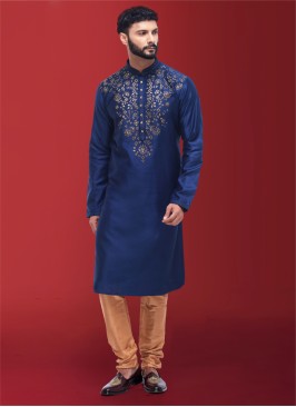 Blue Readymade Cotton Silk Kurta Pajama