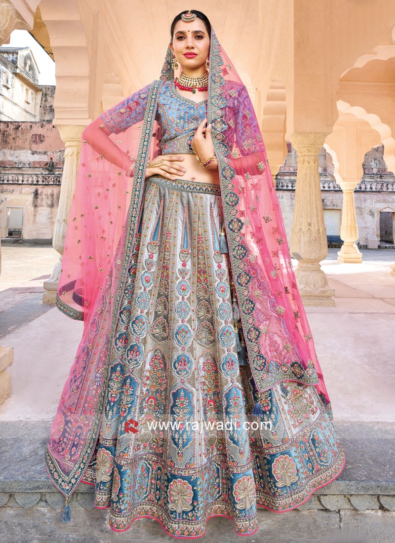 Buy Party Wear Blue and Pink Silk Floral Printed Lehenga Choli Online