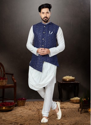 Blue Sequins Embroidered Nehru Jacket Set