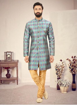 Blue Shaded Asymmetric Indowestern For Men