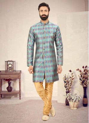 Blue Shaded Asymmetric Indowestern For Men