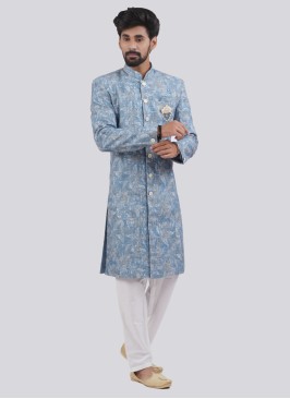 Blue Terry Silk Party Wear Mens Indo Western