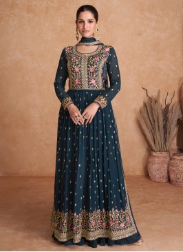 Georgette Dark Peacock Blue Embroidered Salwar Suit