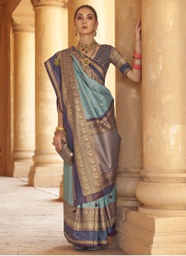 Cadet Blue Designer Silk Saree