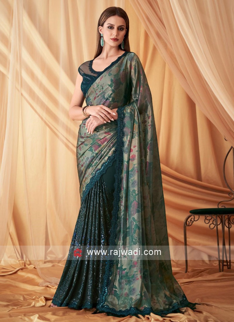 Peacock Blue Festive Saree With Matching Blouse Piece