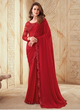 Ravishing Red Sequins Embellished Silk Saree