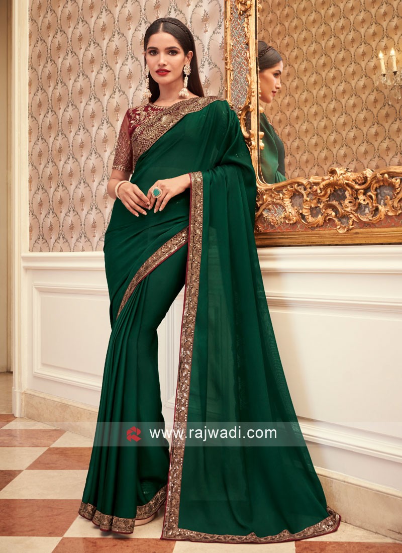 Foil Printed Chiffon Saree in Dark Green | Saree designs, Party wear sarees,  Indian beauty saree
