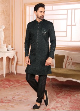 Black Men's Embroidered Indowestern Set