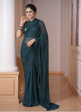 Bottle Green Party Wear Sequins Saree