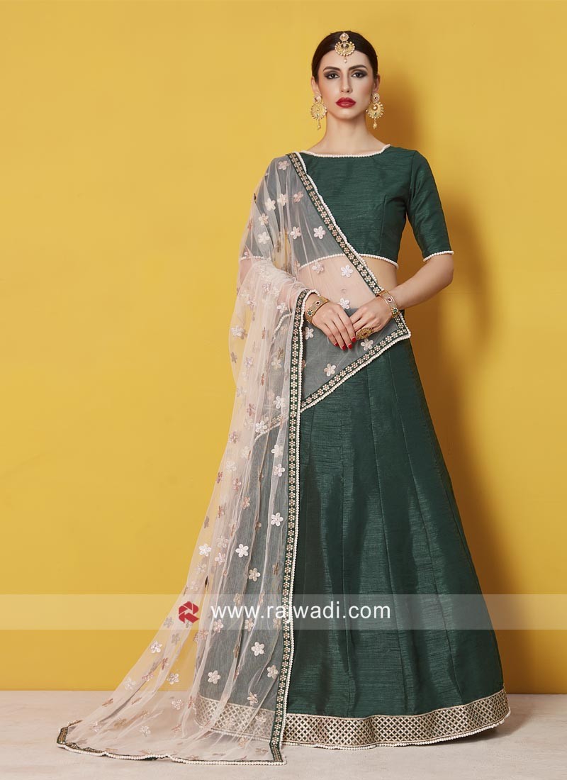 Buy Bridal Wear Dark Green Malai Satin Lehenga Choli With Heavy Work Online