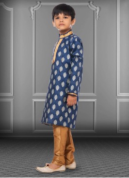 Boys Jacquard Silk Designer Blue Kurta Pajama