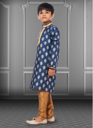 Boys Jacquard Silk Designer Blue Kurta Pajama