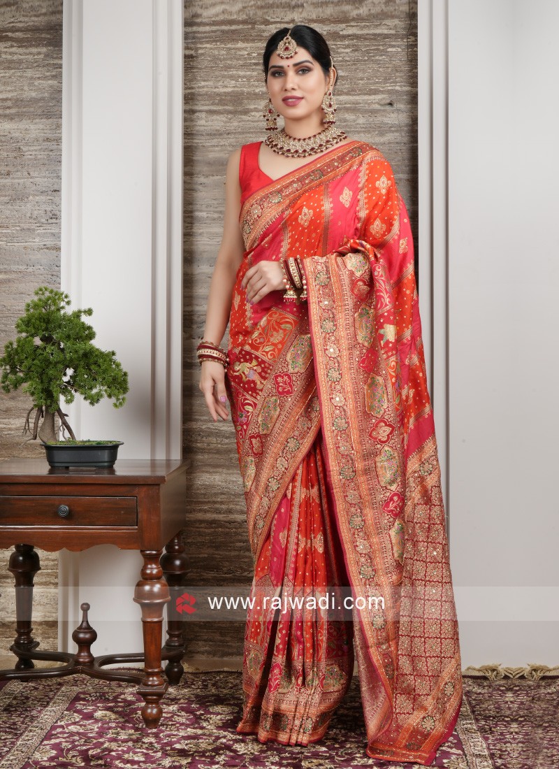 Handwork Embroidery Banarasi Silk Blue Red Contrast Bridal Saree – Sunasa