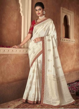 Off White Woven Dola Silk Saree With Zari Embroidery