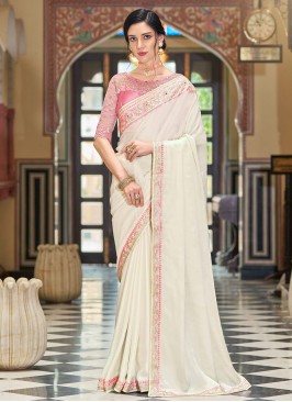 Off White Embroidered Classic Silk Saree