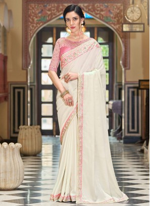 Off White Embroidered Classic Silk Saree