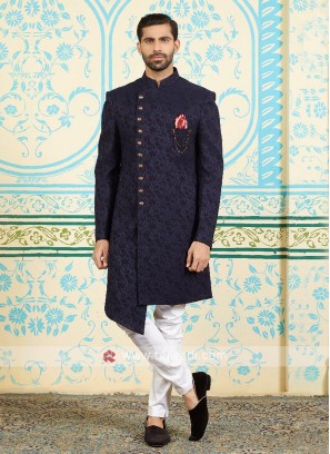 Brocade silk indo-western in navy blue