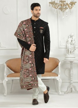 Brocade Silk Indowestern In Black Color