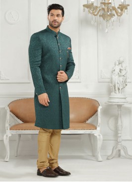 Brocade Silk Indowestern In Green Color