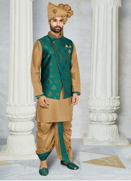 Brocade Silk Nehru Jacket In Golden Color