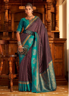 Wedding Wear Wine And Teal Blue Silk Saree