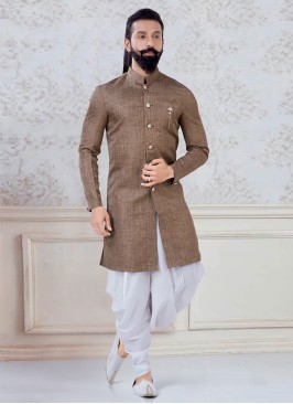 Brown Indowestern In Linen Fabric