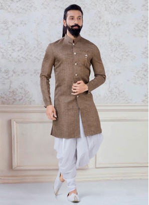 Brown Indowestern In Linen Fabric