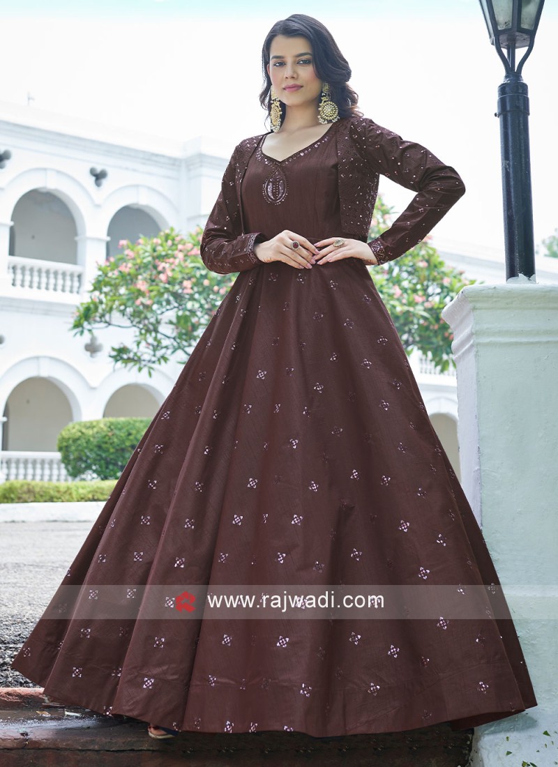 Brown Cotton Designer Gown with Sequins Koti