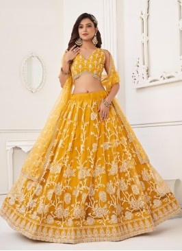 Butterfly Net Thread Embroidered Yellow Lehenga Choli