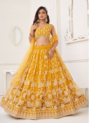 Butterfly Net Thread Embroidered Yellow Lehenga Choli