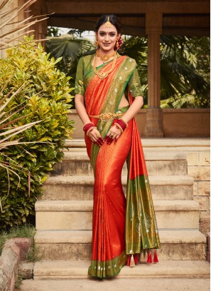 Orange & Green Kanjivaram Silk Contemporary Saree
