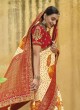 Cream and Red Bandhani Printed Silk Designer Saree