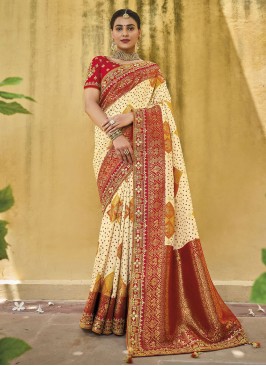 Cream and Red Bandhani Printed Silk Designer Saree