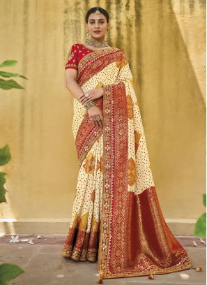 Cream and Red Bandhani Printed Silk Designer Saree