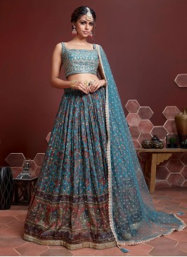 Blue Digital Print Chinon Designer Lehenga Choli