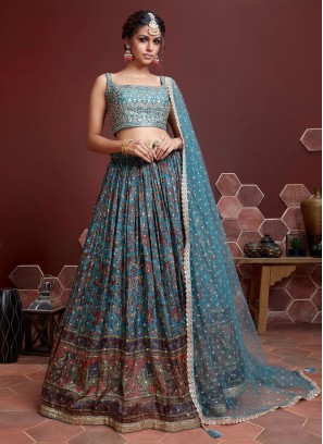 Blue Digital Print Chinon Designer Lehenga Choli