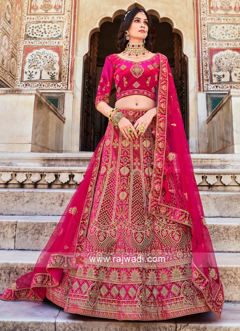 Rani Pink Velvet Embroidered Bridal Lehenga Choli